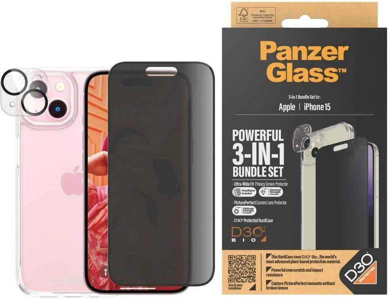 PanzerGlass Panzer Glass Privacy Powerful 3 in 1 Bundle Pack for iPhone 15 6.1" - B1172+P2809