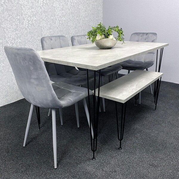 Kosy Koala Grey Dining Table with Hairpin Legs, Bench & 4 Grey Velvet Chairs Set for Kitchen & Dining Room