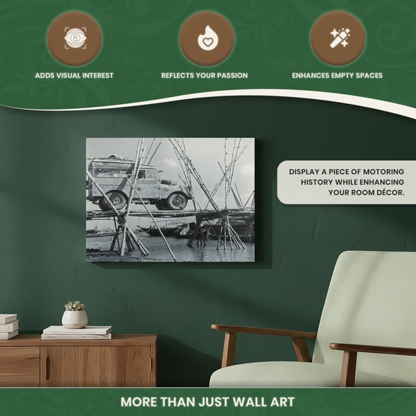 Series 1 Land Rover Crossing a Bamboo Bridge Canvas Print, Circa 1955 Oxford and Cambridge Challenge Scene, 60 x 40 cm