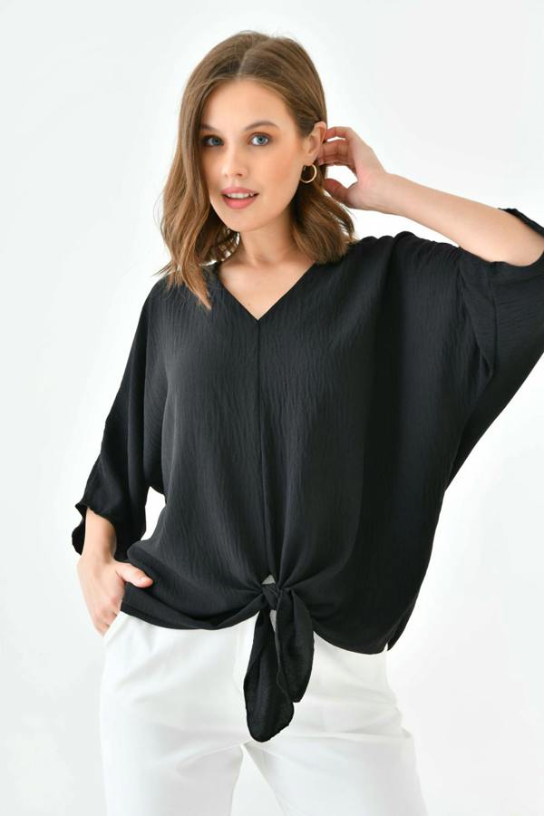 Hoxton Gal Oversized V Neck Tie Front Detailed Blouse with 3/4 Sleeves in Black