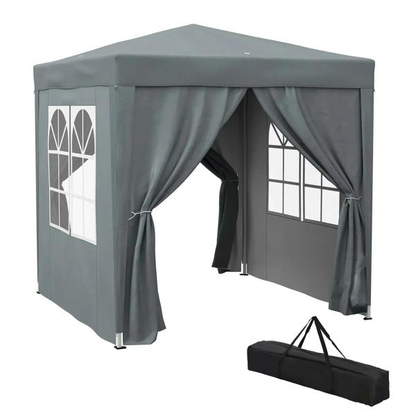 Grey pop-up gazebo party tent with open front curtains and window side panels