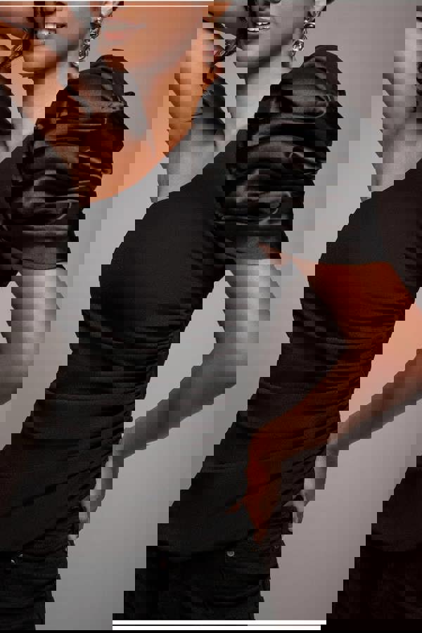 One Shoulder Puffed Satin Sleeve Asymmetric Scuba Top - Black T239