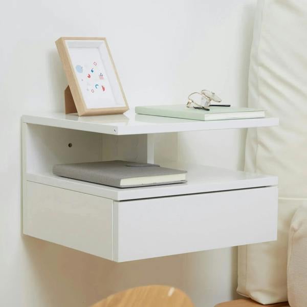 White floating bedside table set with open shelf, drawer cabinet, and tabletop