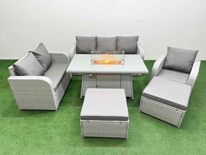 Fimous 8 Seater PE Wicker Rattan Garden Furniture Patio Set, Firepit Table, Reclining Chair, Loveseat, 3 Seater Sofa, 2 Big Footstools, Light Grey