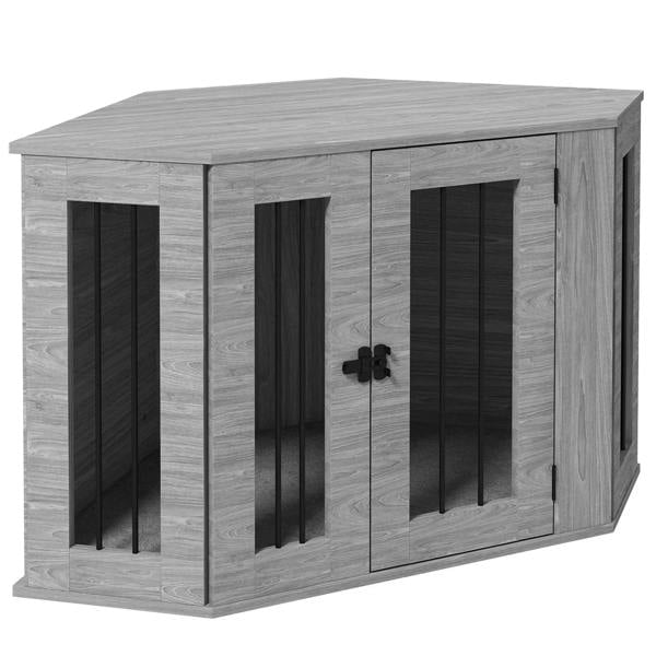 Grey 2-in-1 dog crate furniture side table with black barred doors and top lid