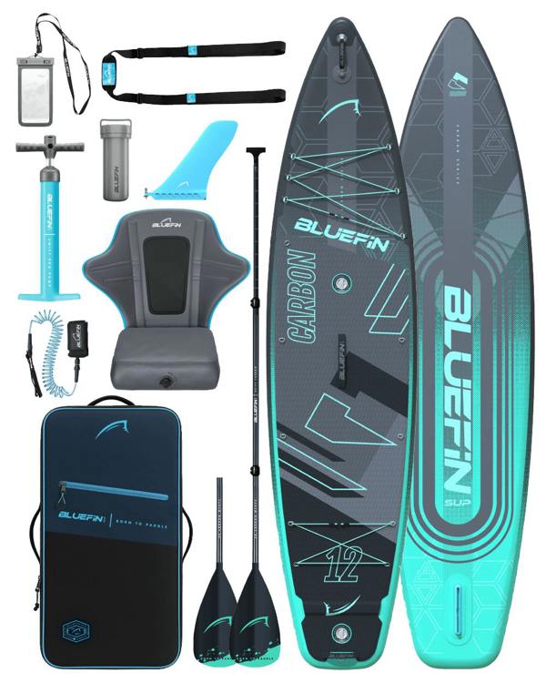 Complete Bluefin SUP kit including inflatable paddleboard, paddle, pump, seat, and accessories in blue and gray.