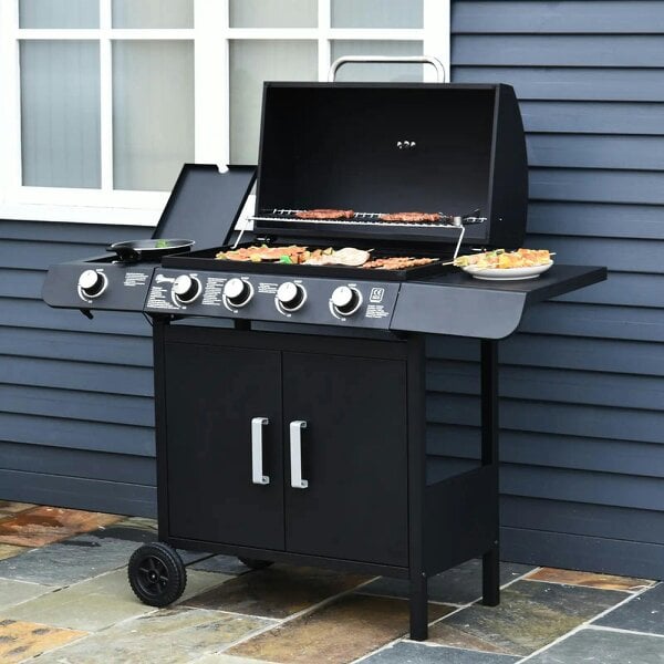 Bobobiy 4+1 Burner Gas BBQ Grill, Outdoor Barbecue Trolley with Wheels, Warming Rack, Side Shelves, Thermometer, 125 L x 51 W x 100 H cm, Black