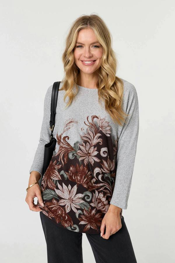 Brown | Floral Relaxed Long Batwing Sleeve Top
