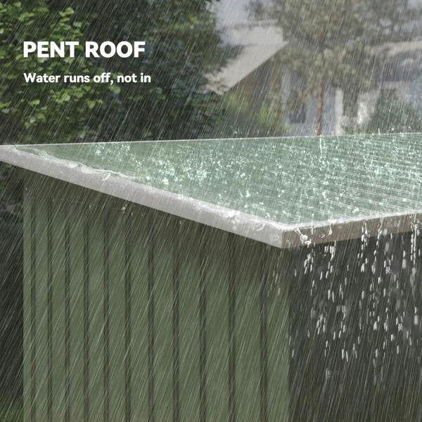 Light green pent roof metal shed corner with rain-shedding edge
