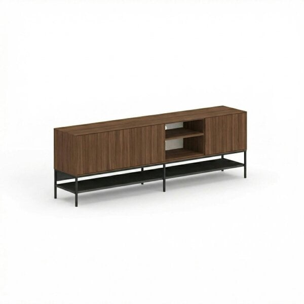 Decortie Amira 180cm Modern TV Stand, Entertainment Centre with Metal Legs & Push-to-Open Doors - Dark Brown Oak Effect-Black Wood