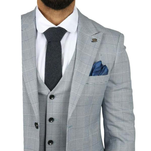 Infinity Leather Men's Blue Checked 3 Piece Suit Tailored Fit Suit Formal Wedding