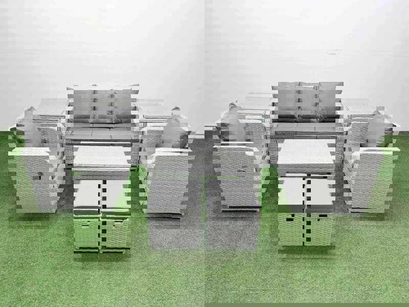 Fimous PE Rattan Garden Furniture Set Reclining Chair Sofa Lounge Sofa Set Rectangular Coffee Table 2 Side Table 2 Small Stools Light Grey