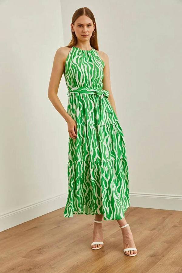 Hoxton Gal Halter Neck Belted Midi Dress