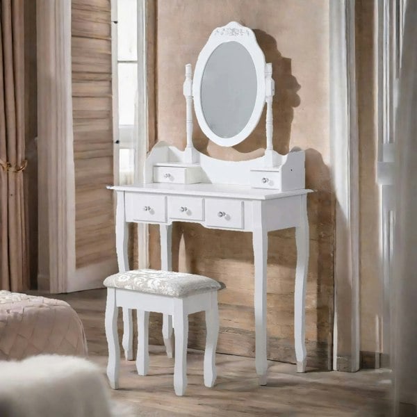 Rafaelo Mobilia 5 Drawer White Dressing Table With Round Mirror And Stool