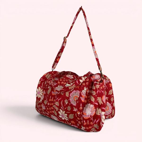 Hayley & Co Weekend Duffle Bag | Red Block Print Floral with Long Strap