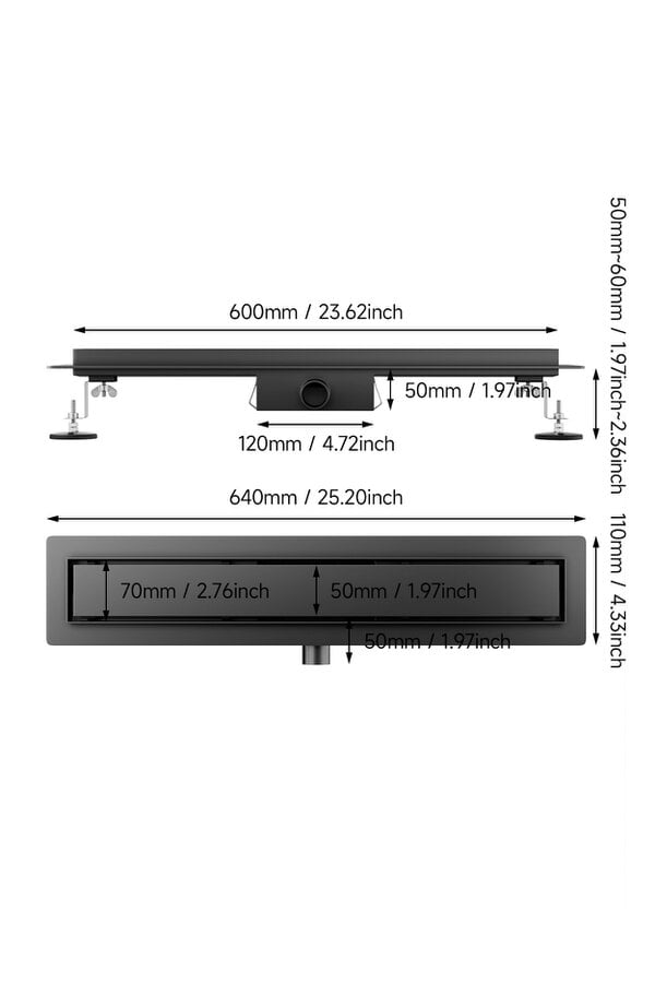 Living and Home 60cm Stainless Steel 2-in-1 Siphonic Linear Insert Shower Drain- Adjustable Height & Slope, Removable Cover, Filter & Siphon