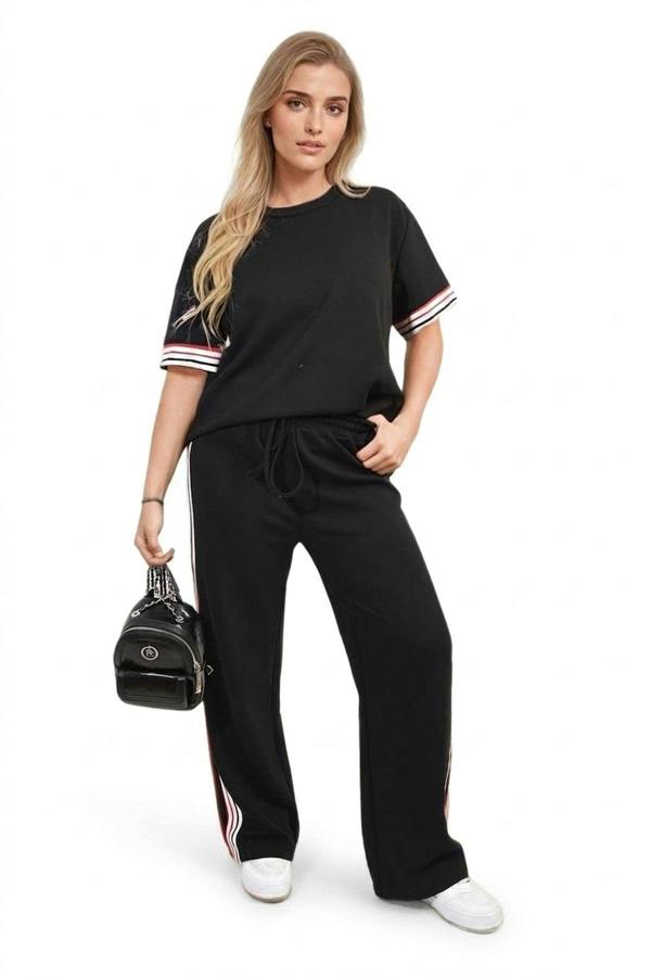 Jennifer Contrast Stripe Top And Wide Leg Trouser Co-ord Set - Black_wb