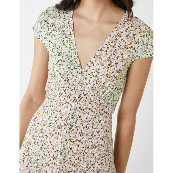 Blue Vanilla Ditsy Print Cap Sleeves Button Front Midi Dress