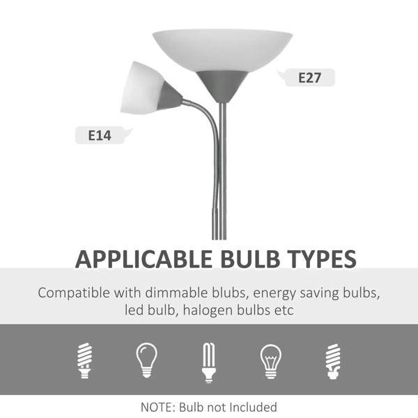 Silver floor lamp with two socket types labeled E27 and E14, two shades on tall pole.