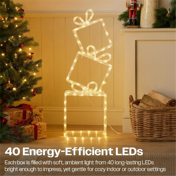 Scotts of Stow Xmas Haus Pre Lit 40 Warm White LED Christmas Presents Stack of 3 with 5m Lead Timer