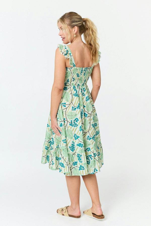 Green | Leaf Print Frilled Strap Midi Dress