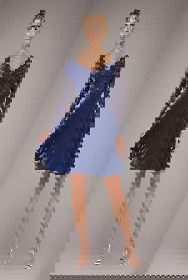 Off The Shoulder Lace Skater Mini Dress - Navy Blue DR2563C