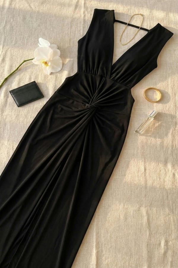 Julia Ruched Backless V Slit Women Bodycon Maxi Dress - Black