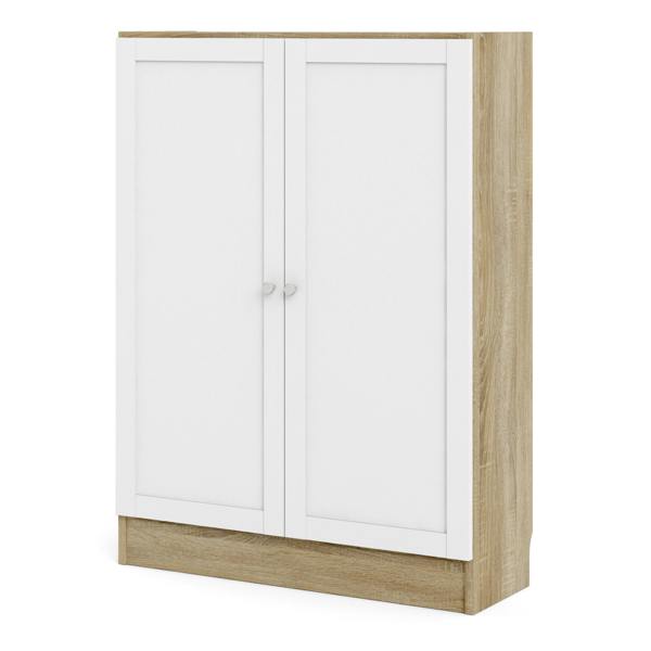 Furniture To Go Basic Low Wide Storage Cabinet in Oak (2 Shelves) with 2 White Doors