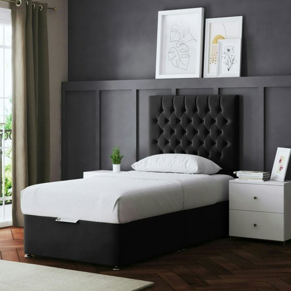 DS Living Seraphine Divan Bed with Upholstered Headboard - Two Drawers - Black - Single