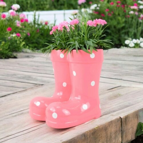 Pink Polka Dot Wellies Planter with Dianthus - Ceramic Garden Decor