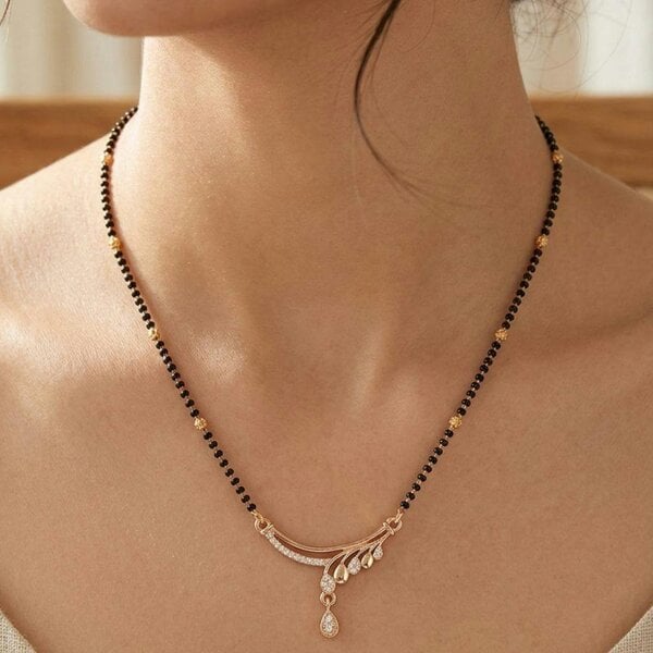 The Colourful Aura Rose Gold CZ Crystal Teardrop Sweep Mangalsutra Black Bead Necklace