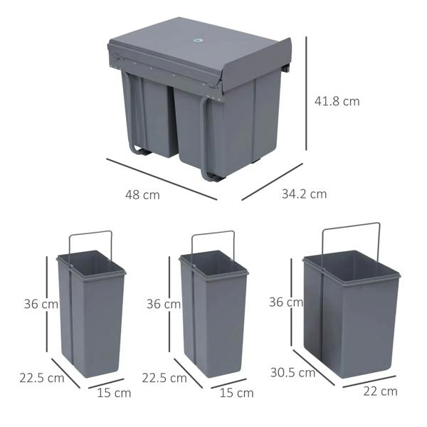 Grey multi-bin pull-out trash can set with size dimensions shown