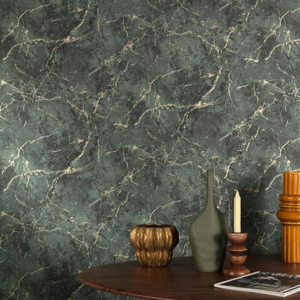 Grandeco Thassos Golden Thread Marble Textured Wallpaper, Emerald Green