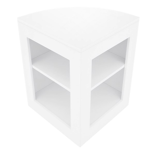 White LED shop counter set featuring a sleek, modern design with a triangular shape and two open shelves for display storage