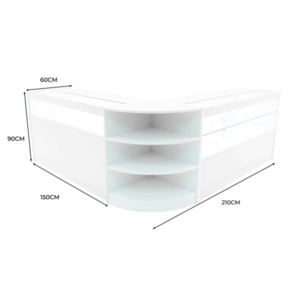 Harmonia LED Shop Counter Set in sleek white, featuring curved design, multiple shelves, and illuminated display areas, dimensions 210cm x 150cm x 90cm