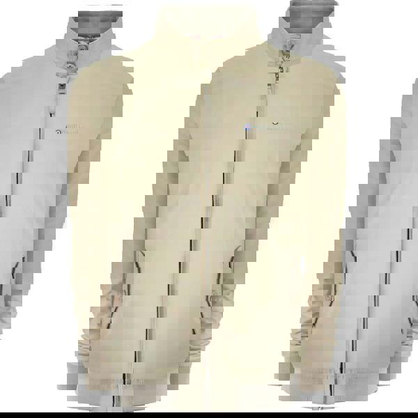 Lambretta Mens ShowerProof Classic Harrington MOD Scooter Jacket Coat, beige jacket with front zipper, stand-up collar with button fastenings, and logo detail on chest.