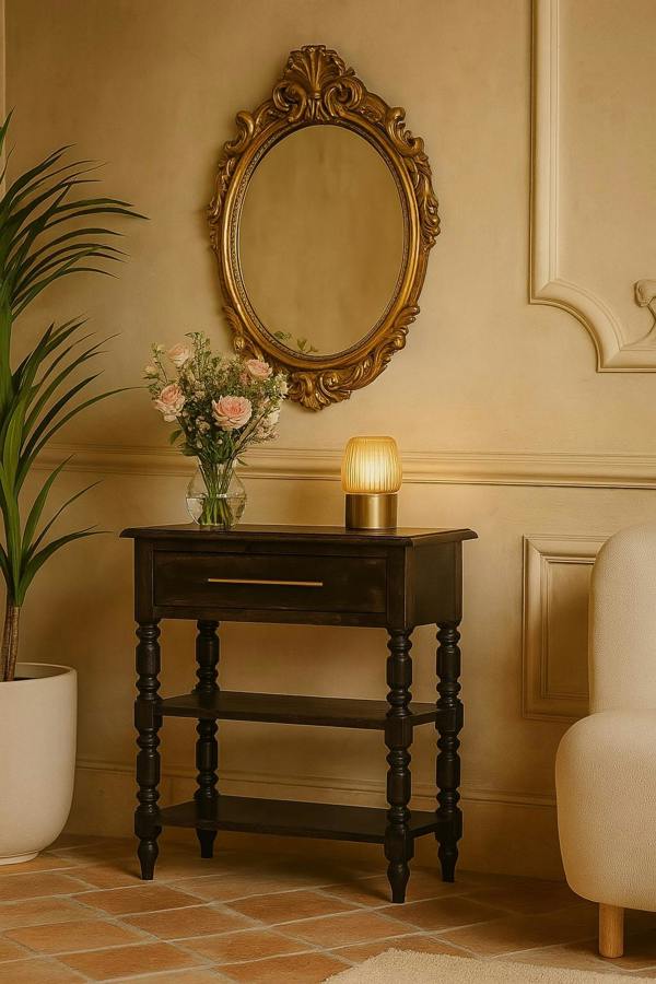 Artisan Furniture Solid Wood Heritage Turned-Leg Side Table, 1 Drawer & 2 Open Slots, Dark Brown