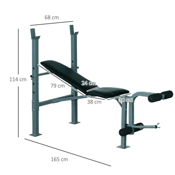 Adjustable weight bench with barbell rack, black padded seat and backrest with dimension labels