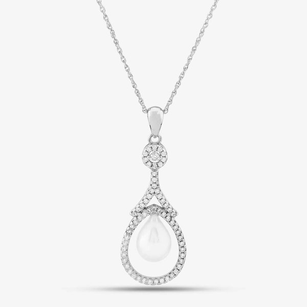 T. H. Baker Silver Freshwater Pearl and Cubic Zirconia Teardrop Pendant PNW70093FW