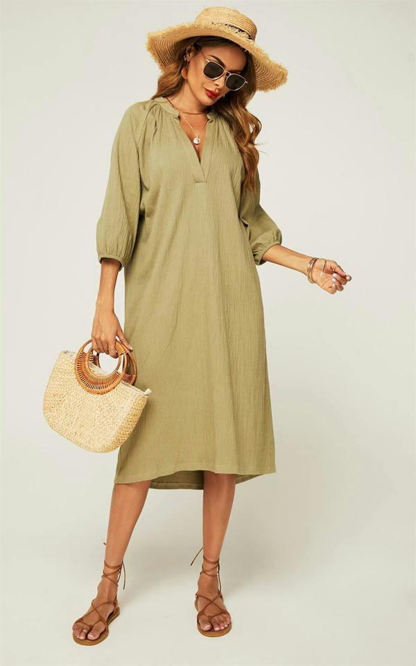 FS Collection Smock Dress With Long Sleeves In Khaki Green