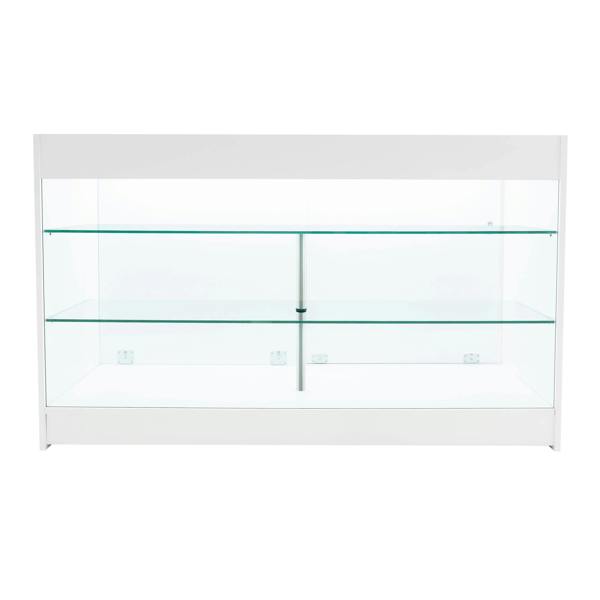 Astro LED Shop Counter Set in white with sleek glass shelves, featuring modern design and bright LED lighting for display purposes