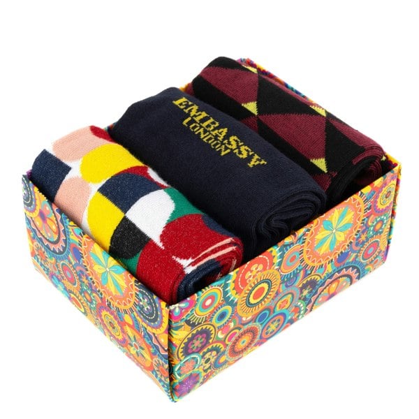 Embassy London Socktopus - Groovy Mix - Men's 3 pack cotton crew socks size UK 6 to 12 in patterns