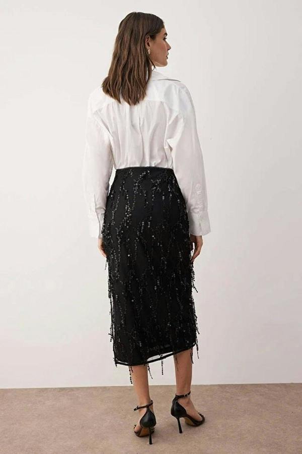 Sequin Fringe Detail Midi Skirt