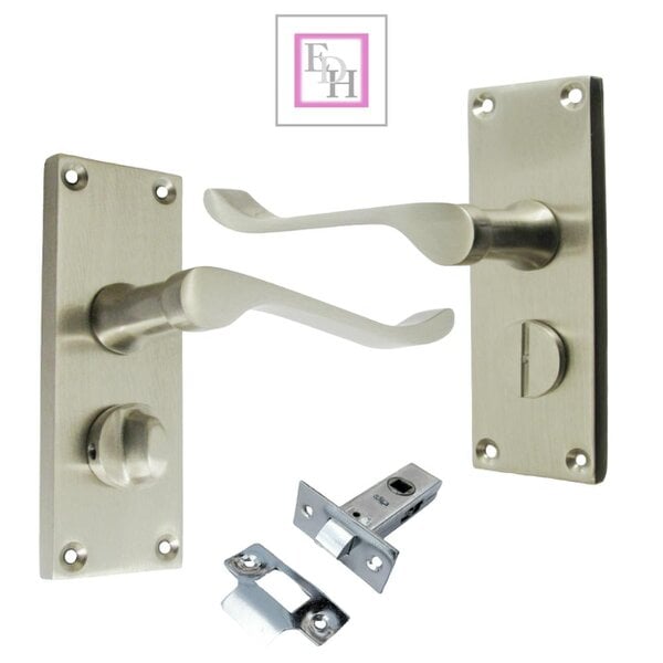 EDH Door Hardware Victorian Scroll Satin Nickel Bathroom Door Handles with Privacy Lock + Latch