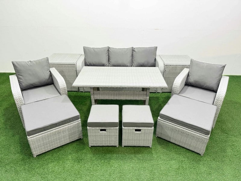 Fimous PE Rattan Lounge Sofa Set 9 Seater Outdoor Garden Furniture Set with Dining Table 3 Seater Sofa 2 Big Footstools 2 Side Tables Light Grey
