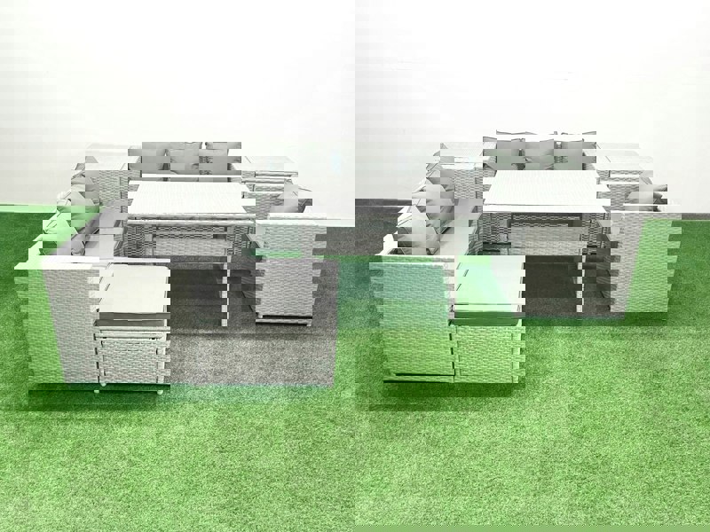 Fimous 7 Pieces Outdoor Rattan Sofa Set with Cushions Patio Garden Furniture Sets with Armchair Dining Table 2 Side Tables Big Footstool