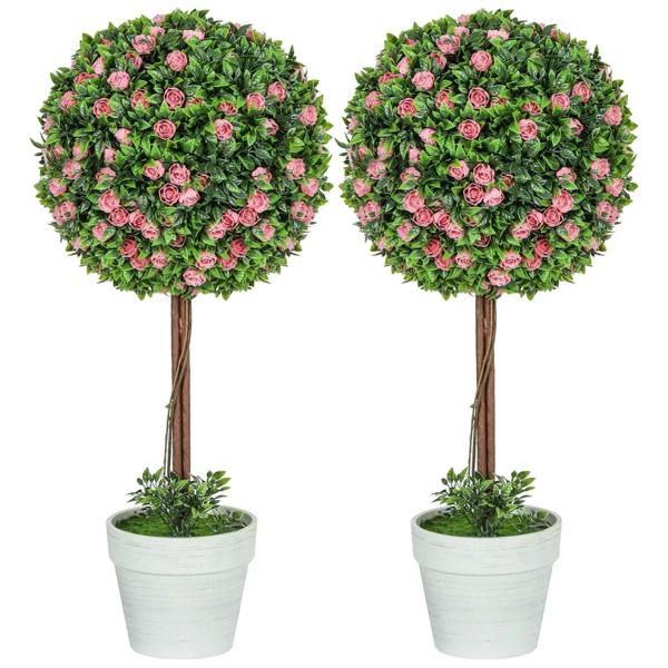 Set of 2 artificial ball topiary trees with pink rose blooms in white planters