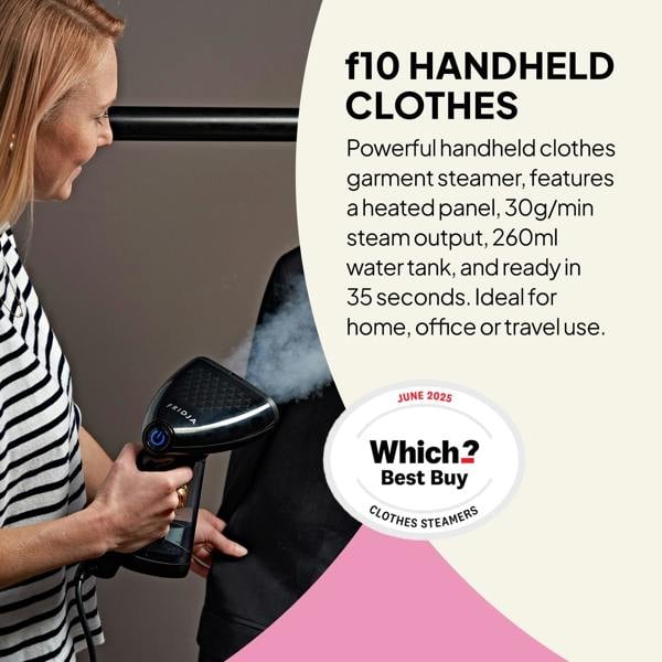 A woman steams a shirt with the Fridja f10 Handheld from the Commercial Garment Care Trio, featuring a heated panel, 260ml tank, 30g/min steam output, and a Which? Best Buy badge for commercial garment care, June 2025.