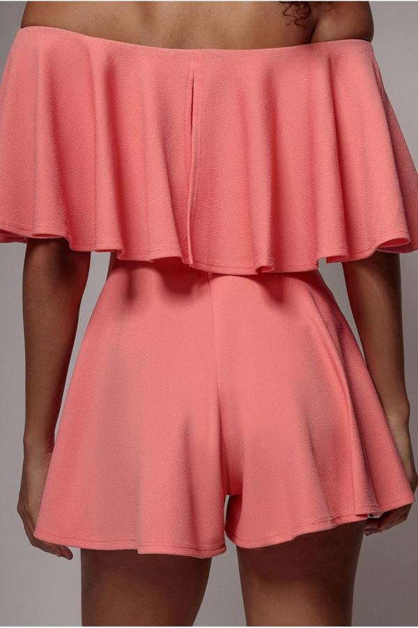 Off The Shoulder Frill Neck Skater Playsuit - Coral TR30B