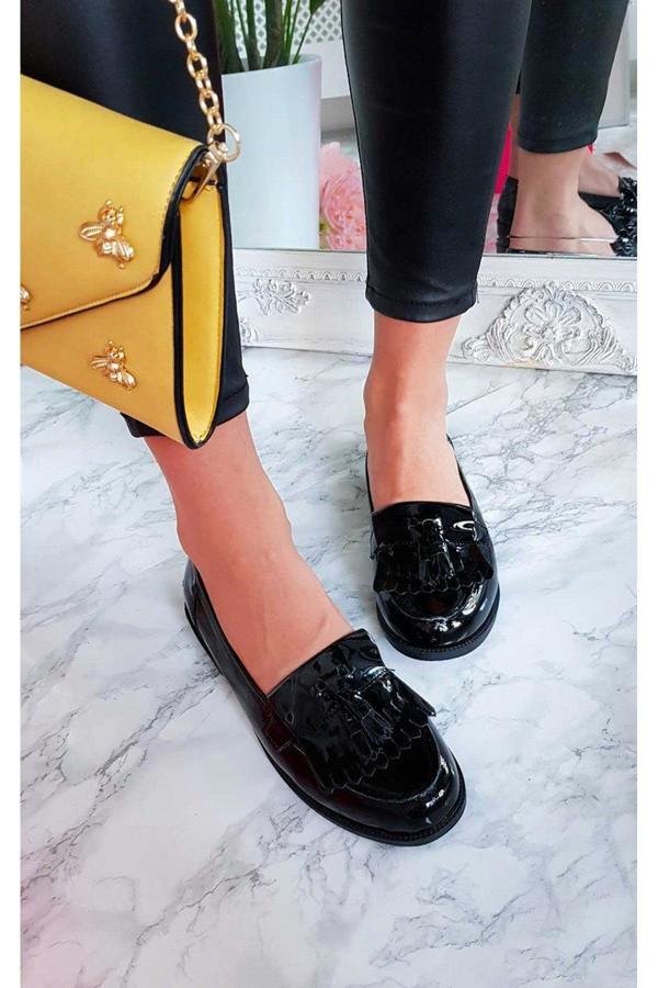 Liana Patent Tassel Brogue Flats - BLACK
